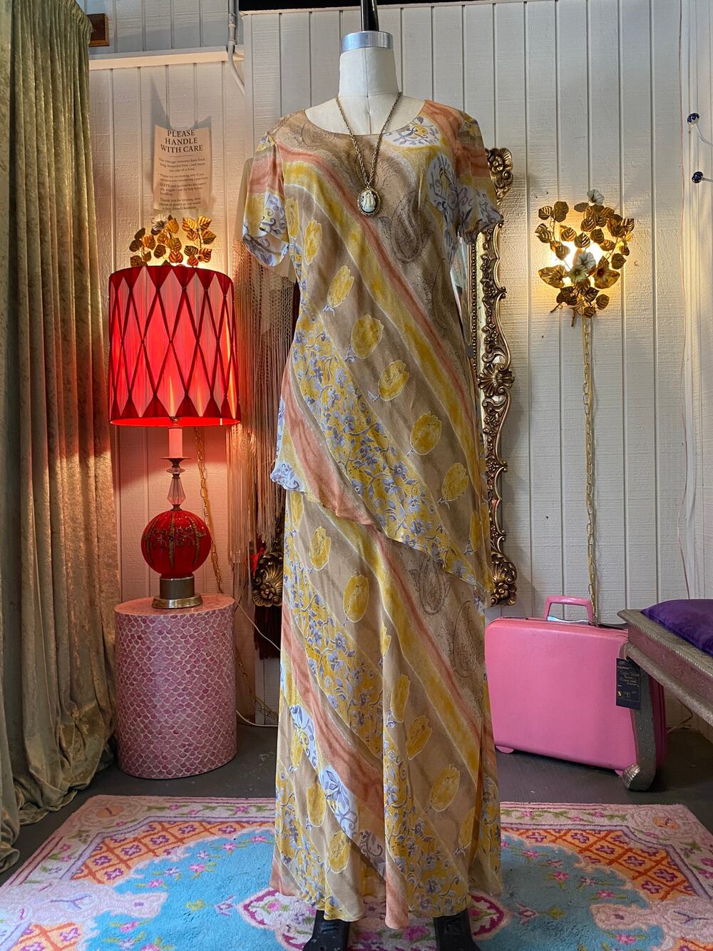 vintage 1990s flapper style rayon maxi dress, rabbit rabbit, tiered asymmetrical